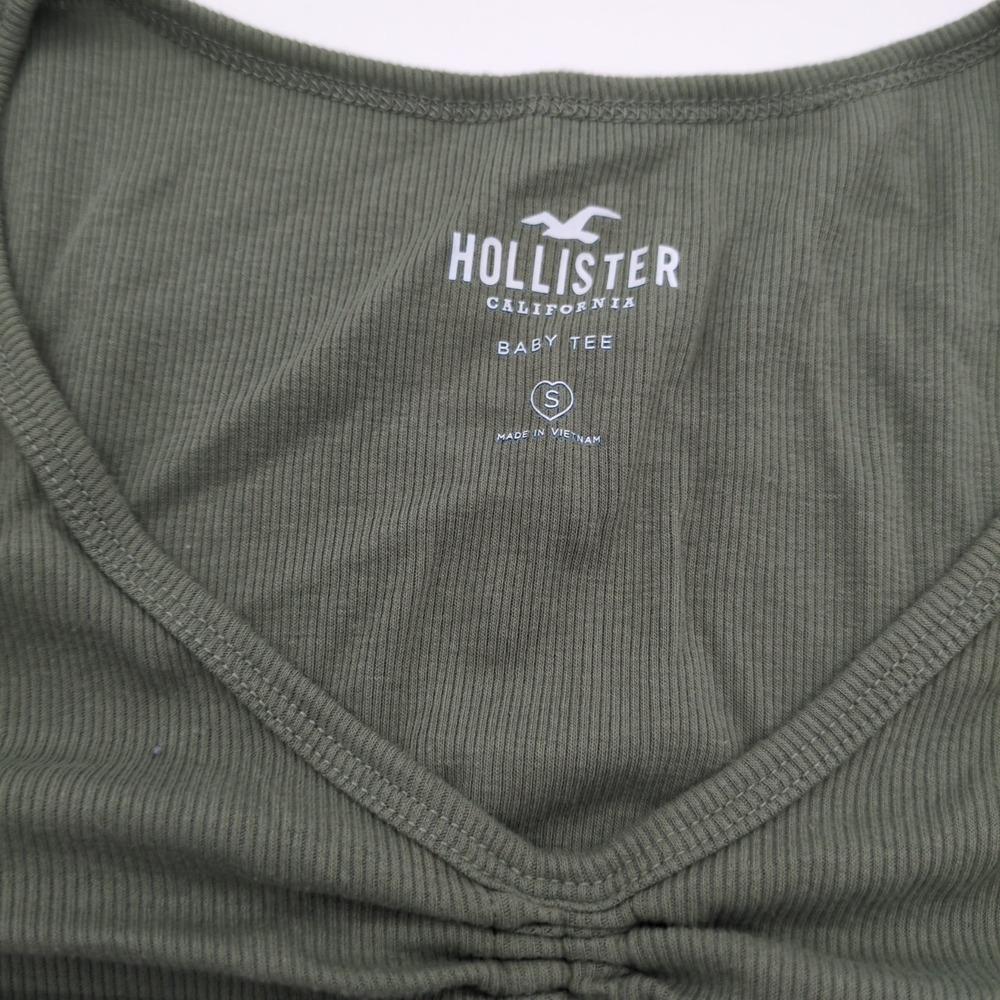 Hollister Ruched Front Crop Top Size S Olive Green Long Sleeve Drawstring Ribbed - Picture 3 of 8